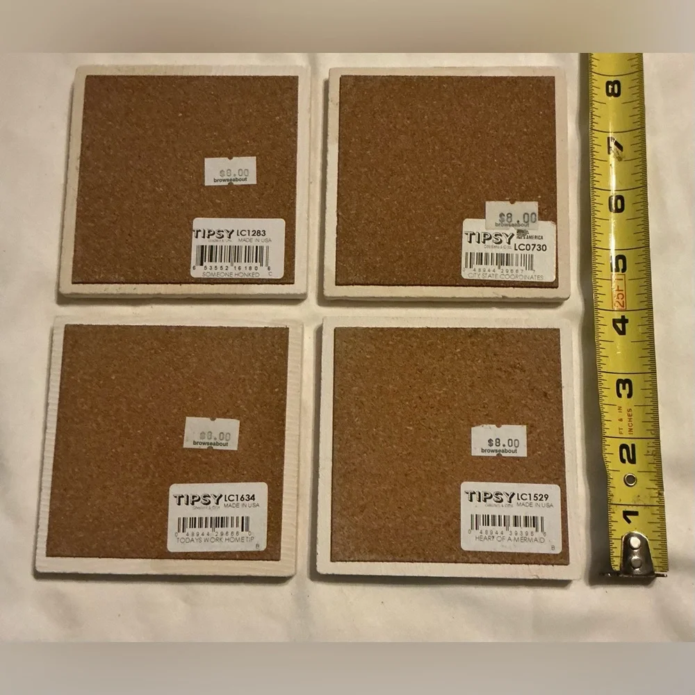 NWOT Set of 4 Decorative Coasters - Coastal & Humorous Designs